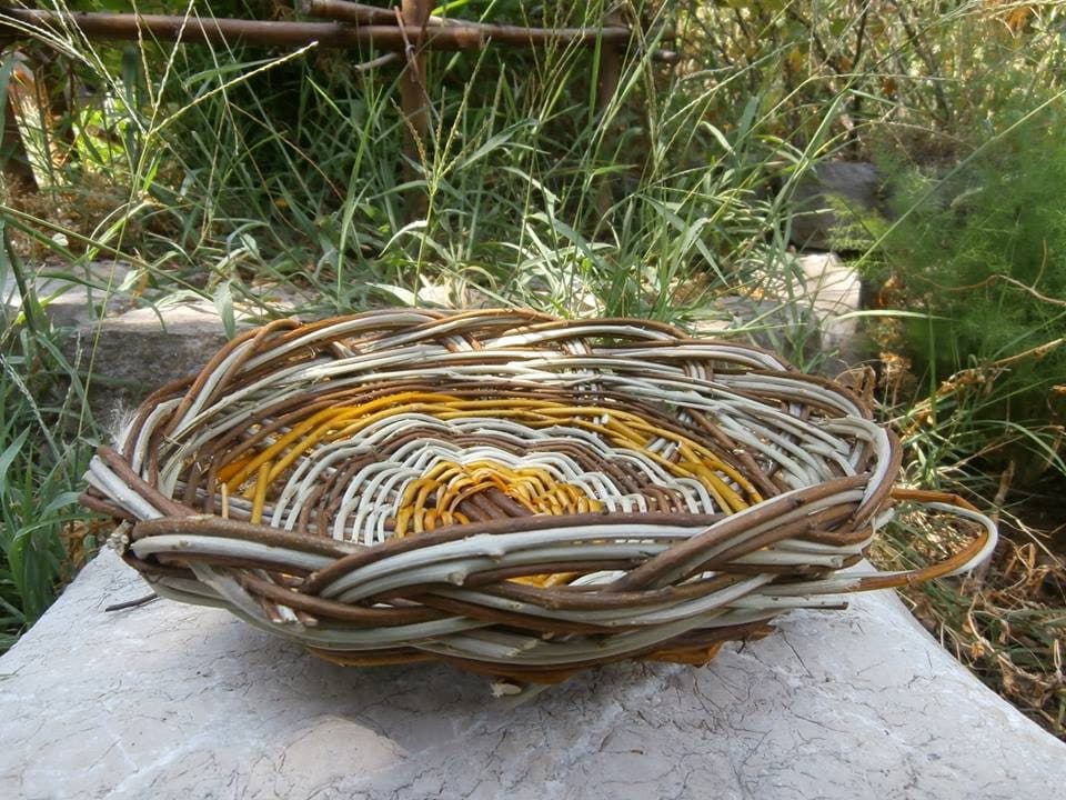 Un cesto basso e largo, con il fondo a spirale gialla e chiara