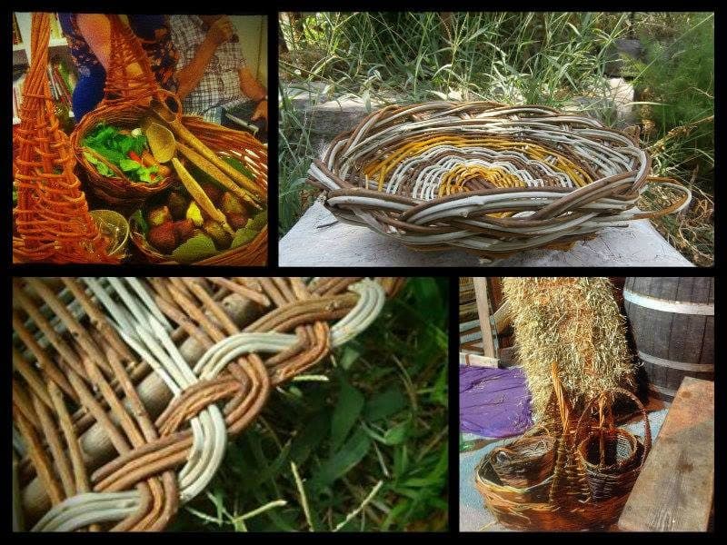 Collage di lavori in vimini: un cesto pieno di frutta, un cesto ovale, il dettaglio di una treccia e un cesto in lavorazione